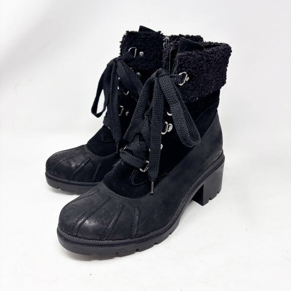 Blondo Duck Boots Size 7 Waterproof Black Leather Shearling Top Side Zip Lace Up - Picture 1 of 14